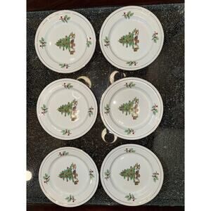 Set of 6 Tienshan Holiday Hostess Gold Trim 8” Salad Plates Vintage Christmas